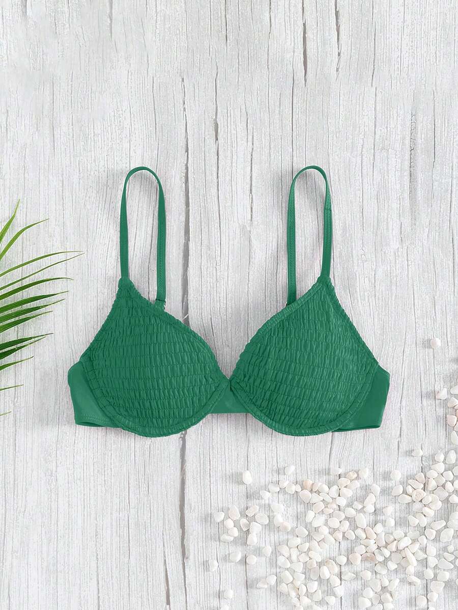 SHEIN Smocked Underwire Bikini Top Summer - Dark Green - View 1