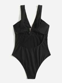Swim Vcay Summer Beach Contrast Trim One Piece Swimsuit - Black - View 4
