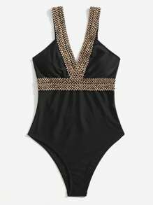 Swim Vcay Summer Beach Contrast Trim One Piece Swimsuit - Black - View 7