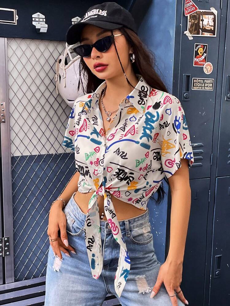 SHEIN Unity Camisa con estampado de letra y corazón bajo con nudo crop - Multicolor - Añade 5
