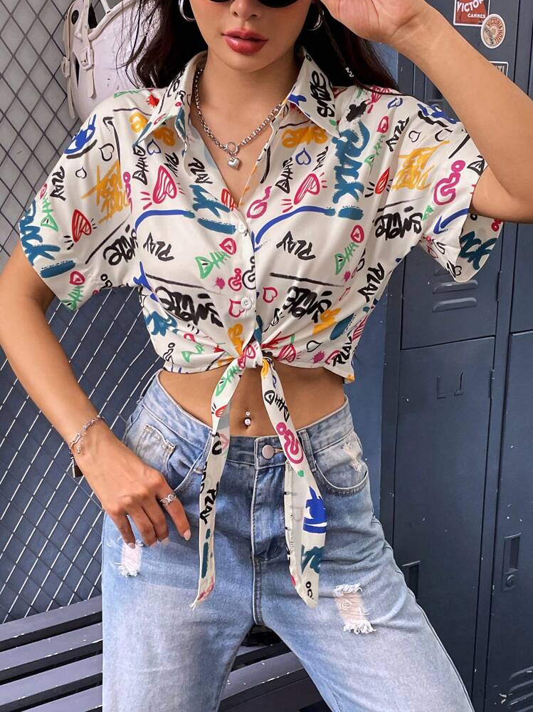 SHEIN Unity Camisa con estampado de letra y corazón bajo con nudo crop - Multicolor - Añade 6