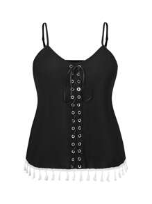 Flirla Plus Lace Up Front Tassel Trim Cami Top - Black - View 1