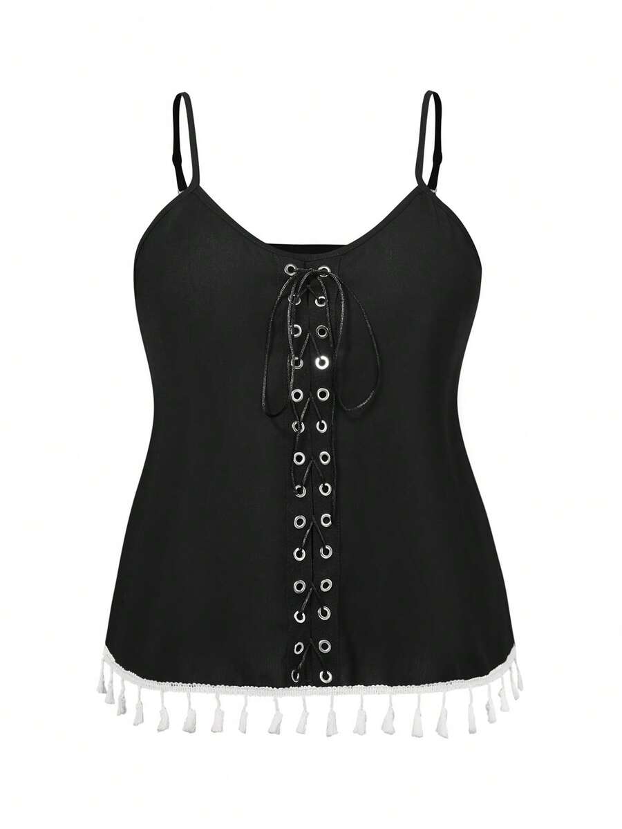 Flirla Plus Lace Up Front Tassel Trim Cami Top - Black - View 1