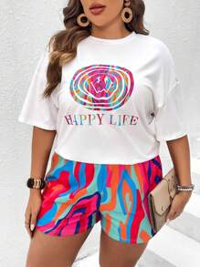 Calvaya Plus Text Grafik T-shirt med Drop Shoulder & Mixade Mönster Shorts - Multifärgad - Visa 4