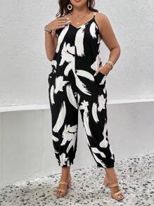 SHEIN LUNE 大碼圖案印花吊帶連體褲 - 黑與白 - 查看 1