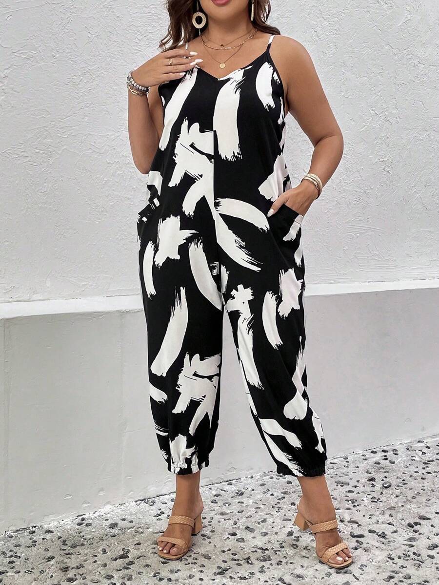 SHEIN LUNE 大碼圖案印花吊帶連體褲 - 黑與白 - 查看 1