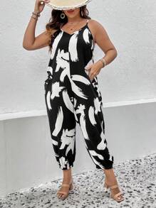 SHEIN LUNE 大碼圖案印花吊帶連體褲 - 黑與白 - 查看 4