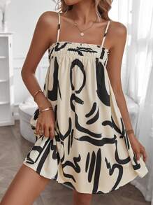 SHEIN LUNE Đầm viền lá sen Đồ họa Giải trí - Màu be - Xem 3