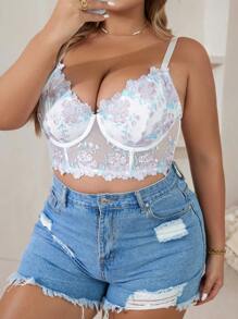 Plus Floral Embroidery Mesh Underwire Bra Lingerie - Multicolor - View 4