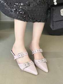 Double Buckle Pointed Toe Half Slippers Women'S Outerwear - Purple - View 1