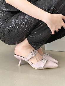 Double Buckle Pointed Toe Half Slippers Women'S Outerwear - Purple - View 3