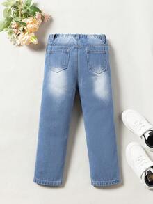 SHEIN Young Girl Cartoon & Letter Graphic Ripped Jeans - Light Wash - View 2