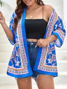 SHEIN VCAY Plus Drop Shoulder Floral Kimono - Multicolor - View 1