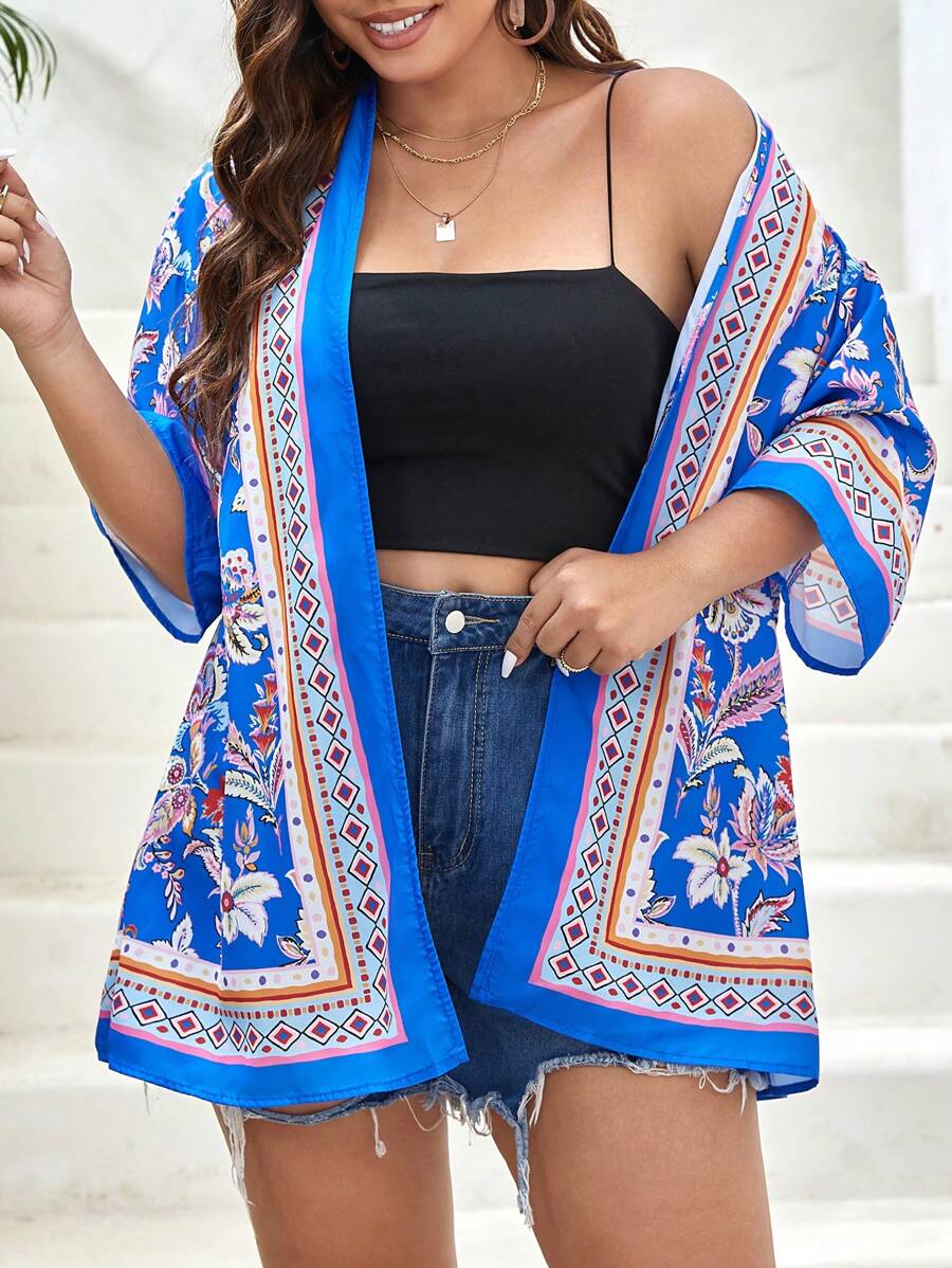 SHEIN VCAY Plus Drop Shoulder Floral Kimono - Multicolor - View 1