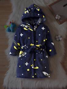 男童夜光宇航员图案睡衣，带帽带腰带睡袍 - 藍色 - 查看 1