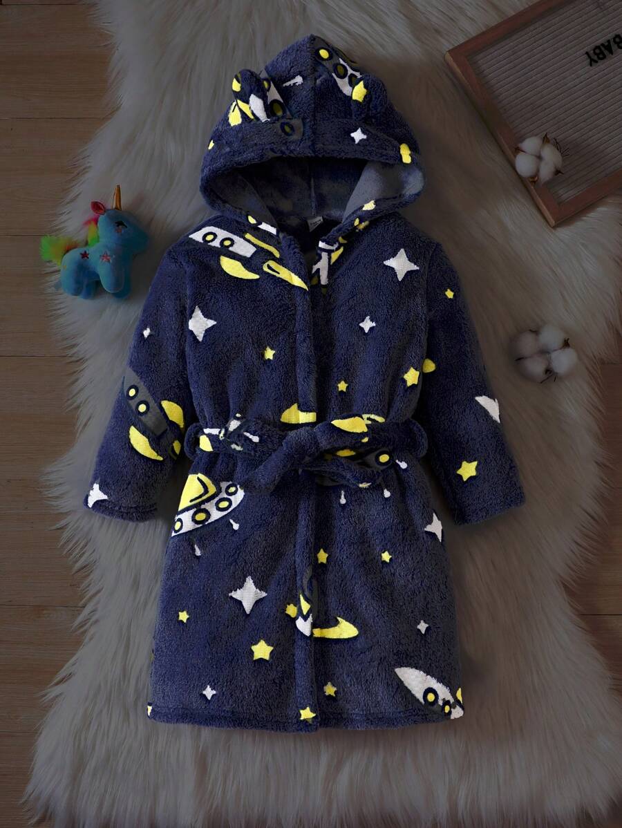 男童夜光宇航员图案睡衣，带帽带腰带睡袍 - 藍色 - 查看 1