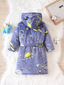 男童夜光宇航员图案睡衣，带帽带腰带睡袍 - 藍色 - 查看 2