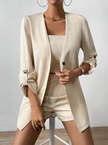 SHEIN Clasi Solid Single Button Blazer & Shorts & Crop Cami Top - Apricot - View 1