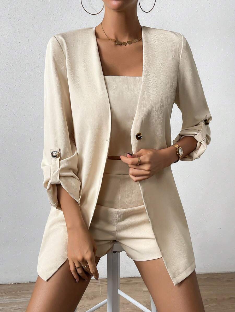 SHEIN Clasi Solid Single Button Blazer & Shorts & Crop Cami Top - Apricot - View 1