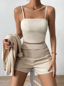 SHEIN Clasi Solid Single Button Blazer & Shorts & Crop Cami Top - Apricot - View 3