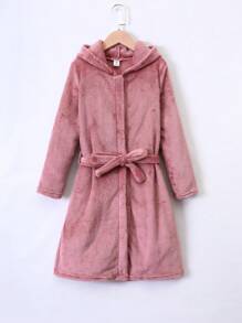 女大童素色腰帶連帽絨布睡袍 - 藕粉色 - 查看 1