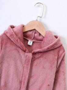 女大童素色腰帶連帽絨布睡袍 - 藕粉色 - 查看 4