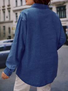 SHEIN Essnce Plus Roll Tab Sleeve Curved Hem Denim Shirt