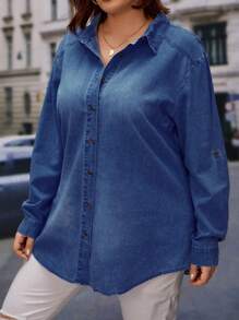 SHEIN Essnce Plus Roll Tab Sleeve Curved Hem Denim Shirt