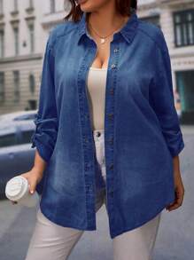 SHEIN Essnce Plus Roll Tab Sleeve Curved Hem Denim Shirt