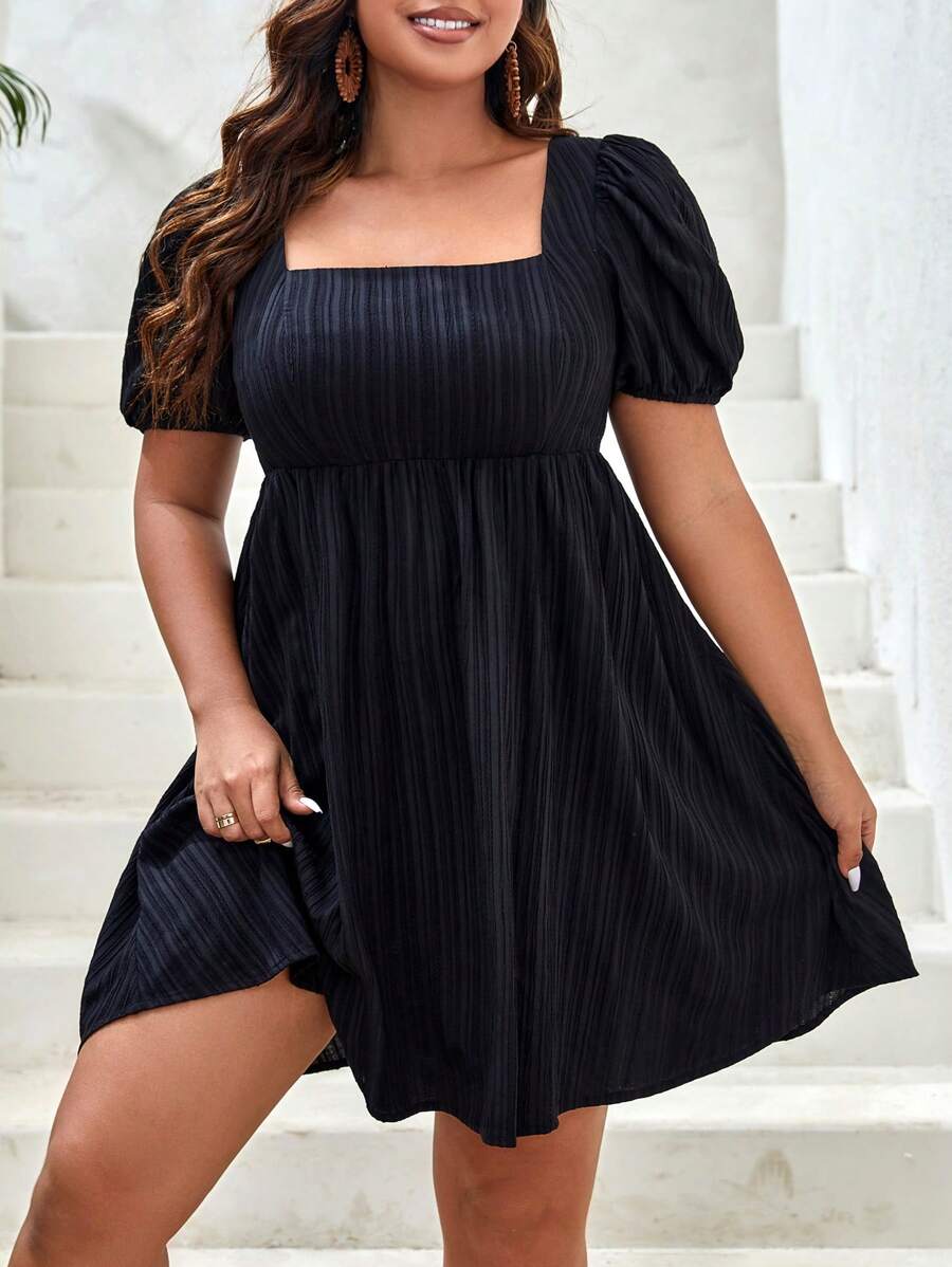 SHEIN VCAY Plus Square Neck Puff Sleeve Dress - Black - View 1