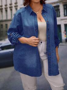 SHEIN Essnce Plus Roll Tab Sleeve Curved Hem Denim Shirt