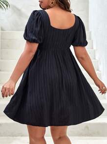 SHEIN VCAY Plus Square Neck Puff Sleeve Dress - Black - View 5