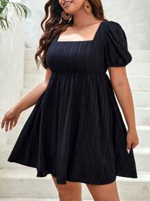 SHEIN VCAY Plus Square Neck Puff Sleeve Dress - Black - View 2
