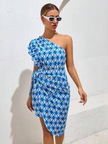 SHEIN VCAY Allover Print One Shoulder Dress - Multicolor - View 4