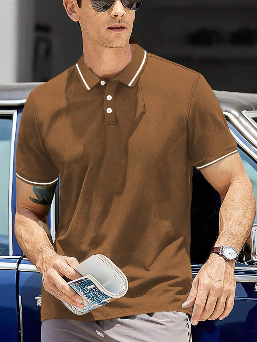 Manfinity Homme Nam Viền tương phản Áo polo - Cà phê nâu - Xem 1
