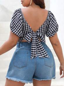 SHEIN VCAY 大碼格子圖案後背繫帶泡泡袖襯衫 - 黑與白 - 查看 1