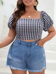 SHEIN VCAY 大碼格子圖案後背繫帶泡泡袖襯衫 - 黑與白 - 查看 2