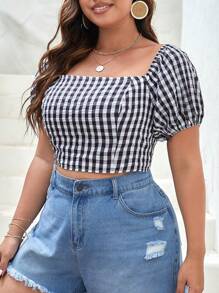 SHEIN VCAY 大碼格子圖案後背繫帶泡泡袖襯衫 - 黑與白 - 查看 4