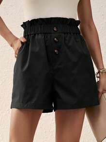SHEIN LUNE Button Front Paperbag Waist Shorts - Black - View 3