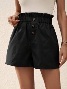 SHEIN LUNE Button Front Paperbag Waist Shorts - Black - View 5