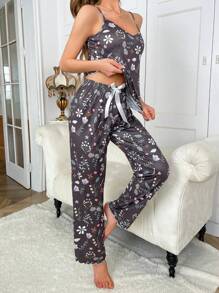 Floral Print Cami Top & Trousers PJ Set - Brown - View 3