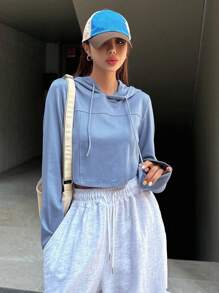 DAZY 素色抽繩連帽短款運動衫 - 藍色 - 查看 3