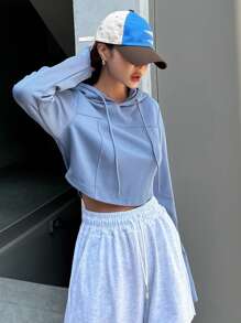 DAZY 素色抽繩連帽短款運動衫 - 藍色 - 查看 1