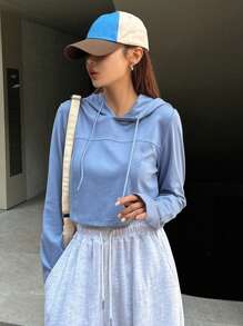 DAZY 素色抽繩連帽短款運動衫 - 藍色 - 查看 4