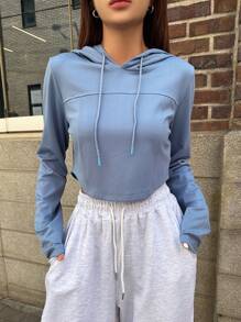 DAZY 素色抽繩連帽短款運動衫 - 藍色 - 查看 8