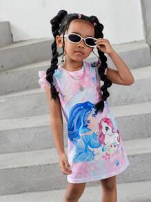SHEIN Young Girl Unicorn Print Ruffle Trim Dress - Multicolor - View 4
