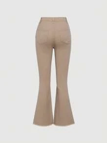 SHEIN Teen Girl Solid Color Flare Jeans With Frayed Hem, Perfect For Summer Daily Casual Wear - Khaki - View 2