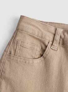 SHEIN Teen Girl Solid Color Flare Jeans With Frayed Hem, Perfect For Summer Daily Casual Wear - Khaki - View 3