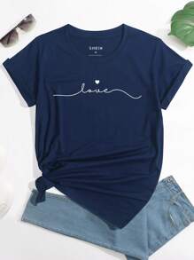 INAWLY 心形和字母图案 T 恤 图案 T 恤 女式上衣 - 藏蓝色 - 查看 1