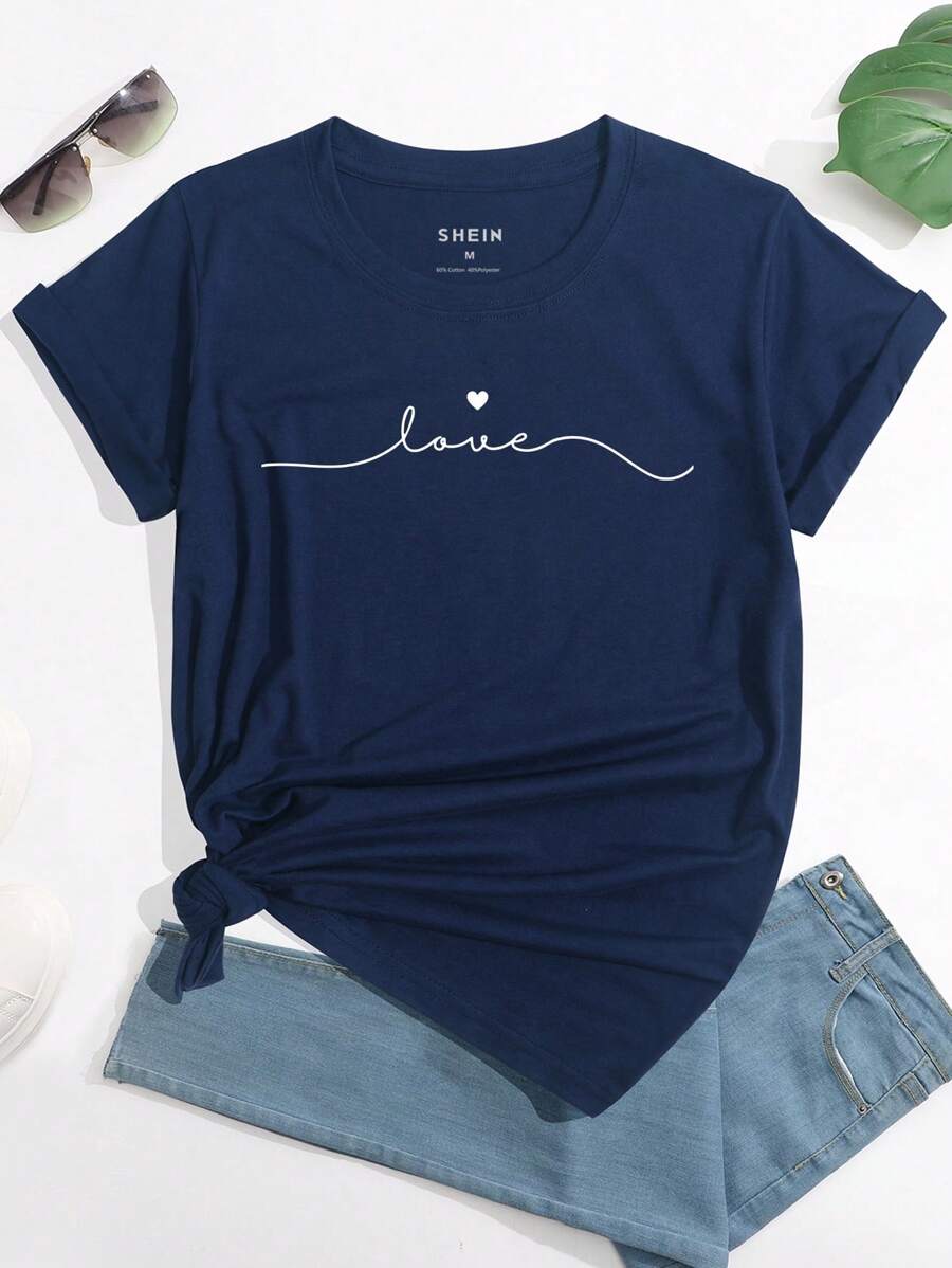 INAWLY 心形和字母图案 T 恤 图案 T 恤 女式上衣 - 藏蓝色 - 查看 1
